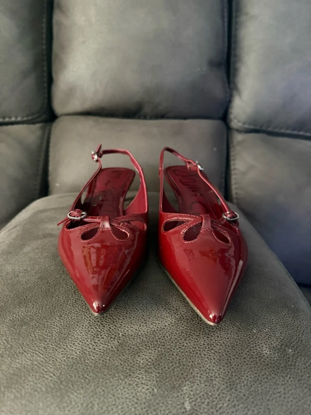Sam Edelman Burgundy Patent Slingback Kitten Heel Pointed Toe Heels - Picture 3 of 7